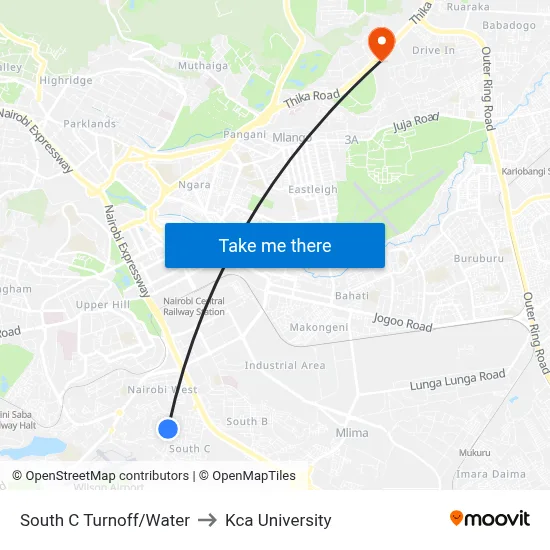 South C Turnoff/Water to Kca University map