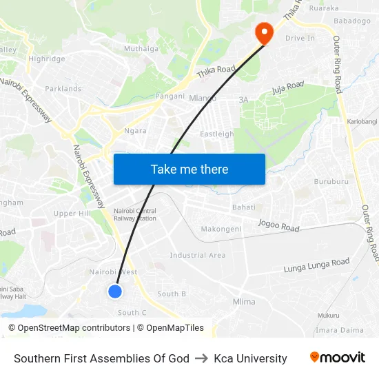 Southern First Assemblies Of God to Kca University map