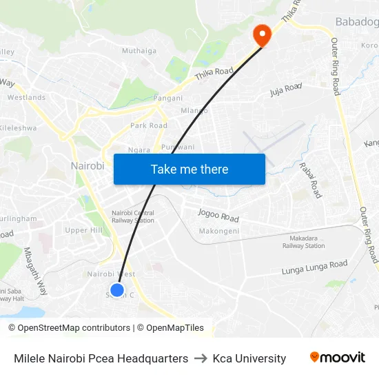 Milele Nairobi Pcea Headquarters to Kca University map