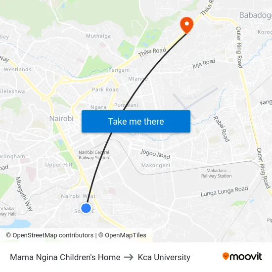 Mama Ngina Children's Home to Kca University map