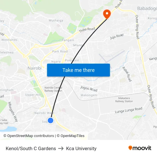 Kenol/South C Gardens to Kca University map