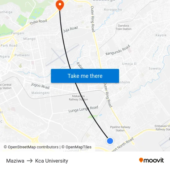 Maziwa to Kca University map