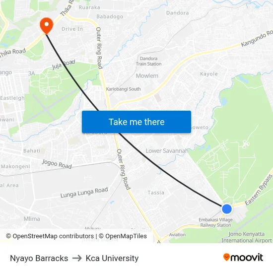 Nyayo Barracks to Kca University map