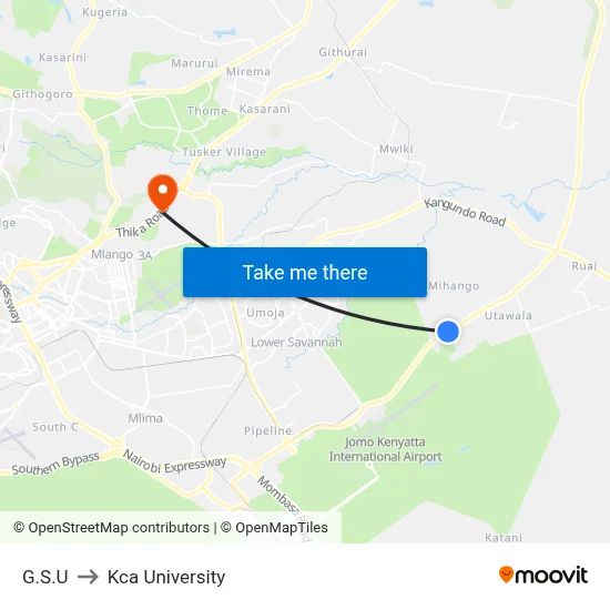 G.S.U to Kca University map