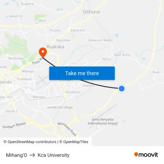 Mihang'O to Kca University map