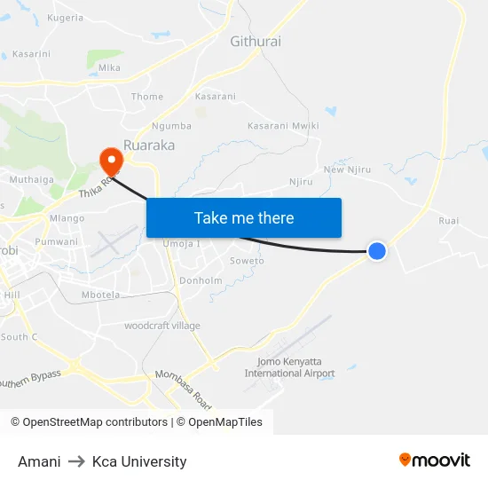Amani to Kca University map