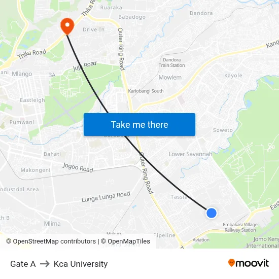 Gate A to Kca University map