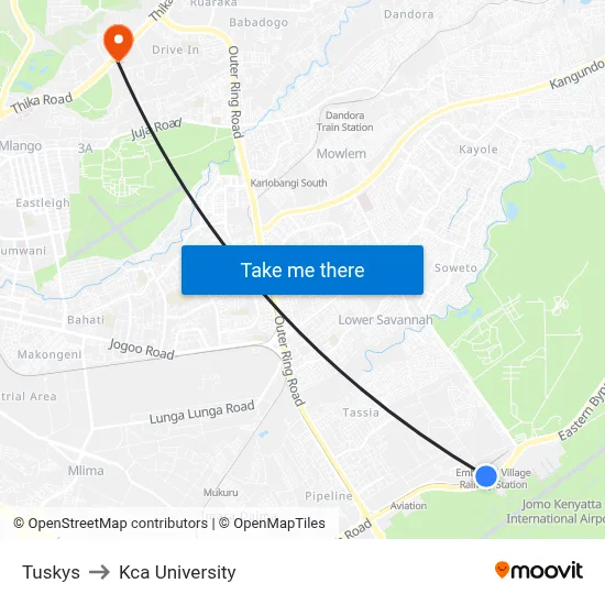 Tuskys to Kca University map