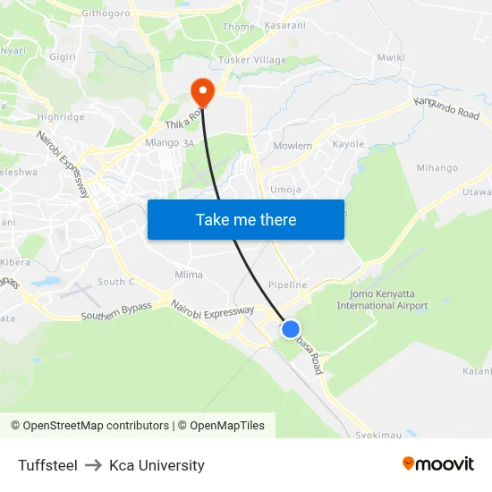 Tuffsteel to Kca University map
