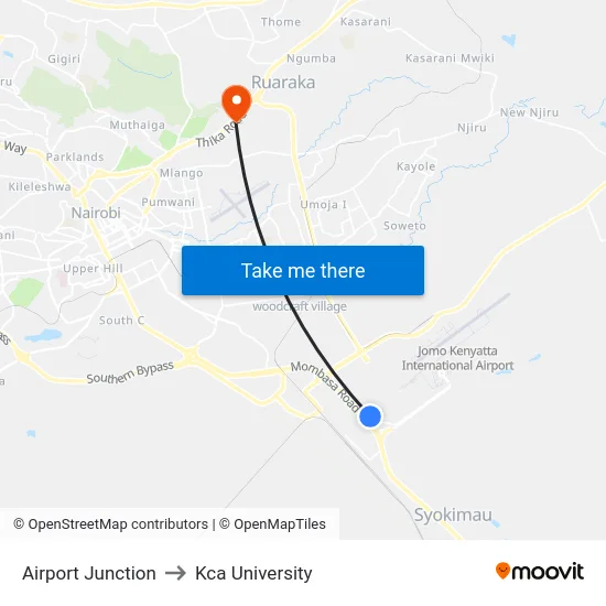 Airport Junction to Kca University map