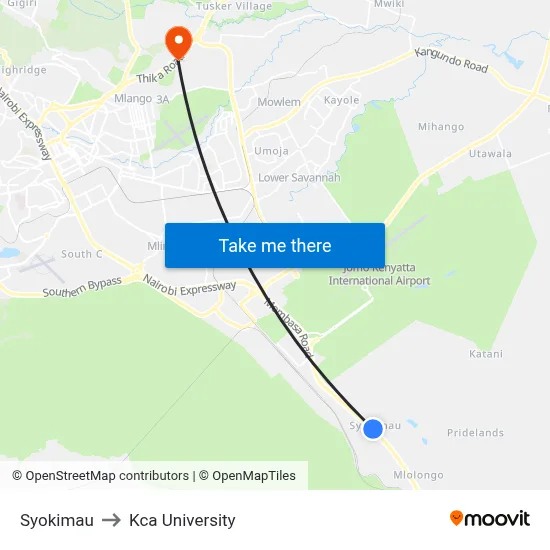 Syokimau to Kca University map