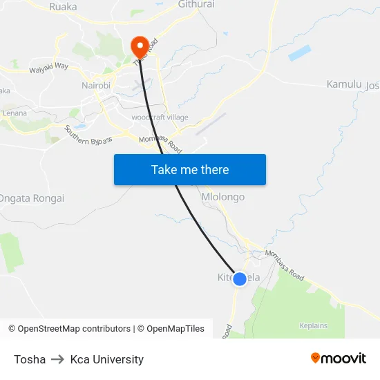 Tosha to Kca University map