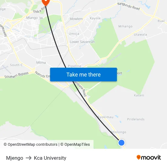 Mjengo to Kca University map