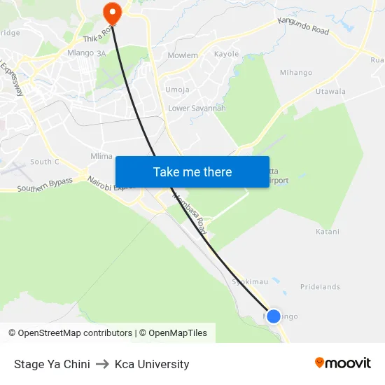 Stage Ya Chini to Kca University map