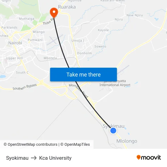 Syokimau to Kca University map