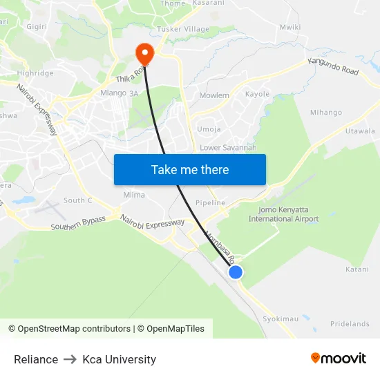 Reliance to Kca University map