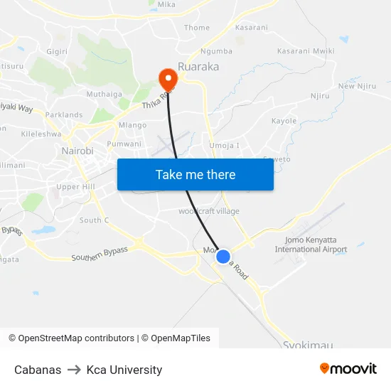 Cabanas to Kca University map