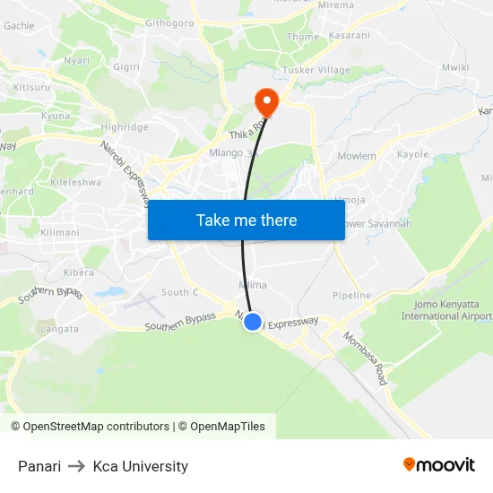 Panari to Kca University map