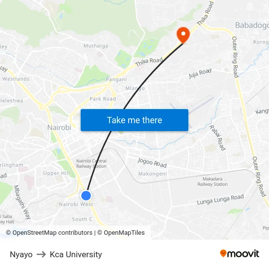 Nyayo to Kca University map