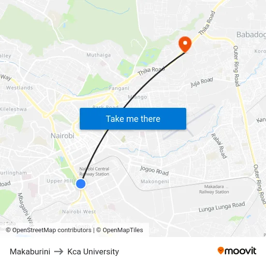 Makaburini to Kca University map