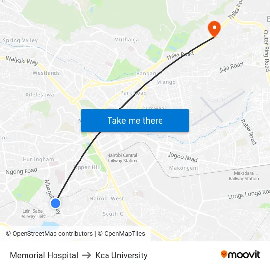 Memorial Hospital to Kca University map
