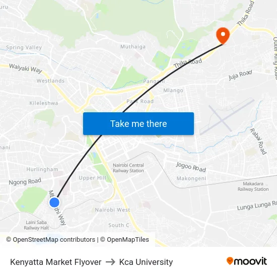 Kenyatta Market Flyover to Kca University map