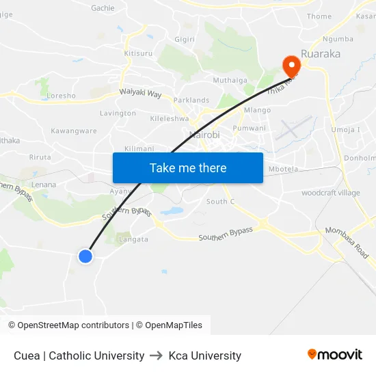 Cuea | Catholic University to Kca University map
