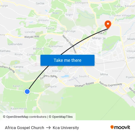 Africa Gospel Church to Kca University map