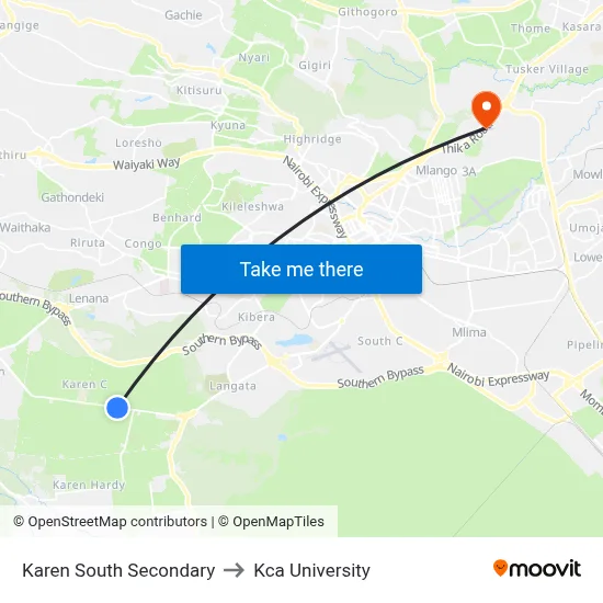 Karen South Secondary to Kca University map