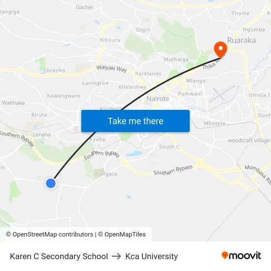 Karen C Secondary School to Kca University map