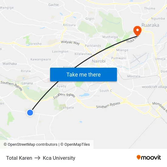 Total Karen to Kca University map