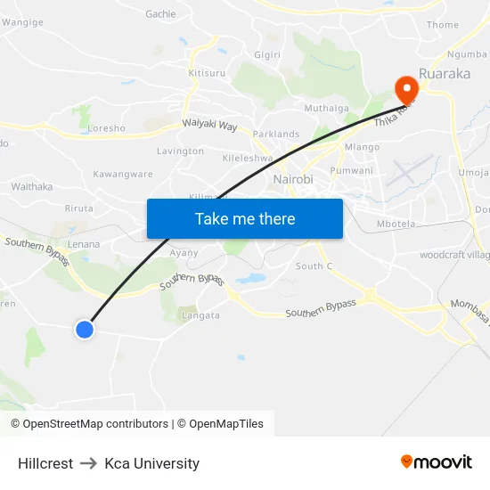 Hillcrest to Kca University map