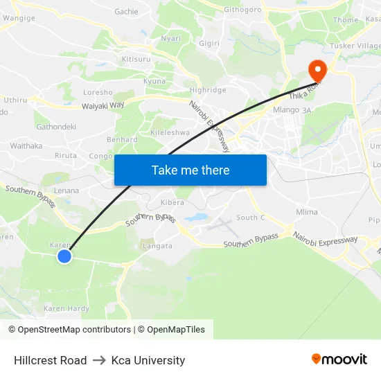 Hillcrest Road to Kca University map