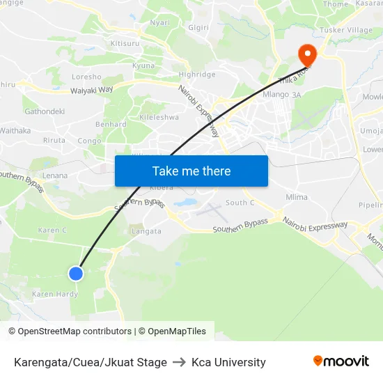 Karengata/Cuea/Jkuat Stage to Kca University map