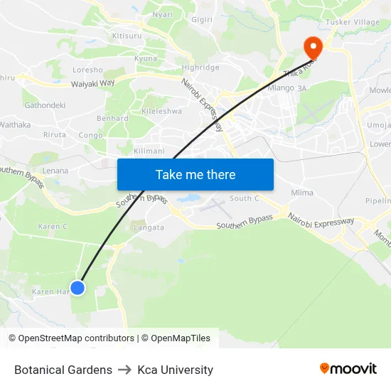 Botanical Gardens to Kca University map