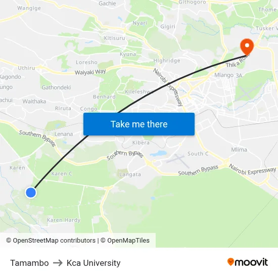 Tamambo to Kca University map