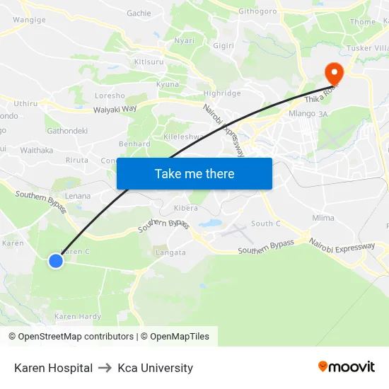 Karen Hospital to Kca University map