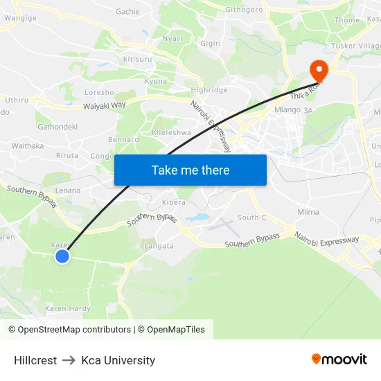 Hillcrest to Kca University map