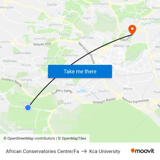 African Conservatories Centre/Fa to Kca University map