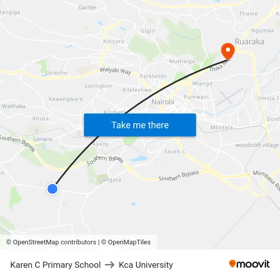 Karen C Primary School to Kca University map