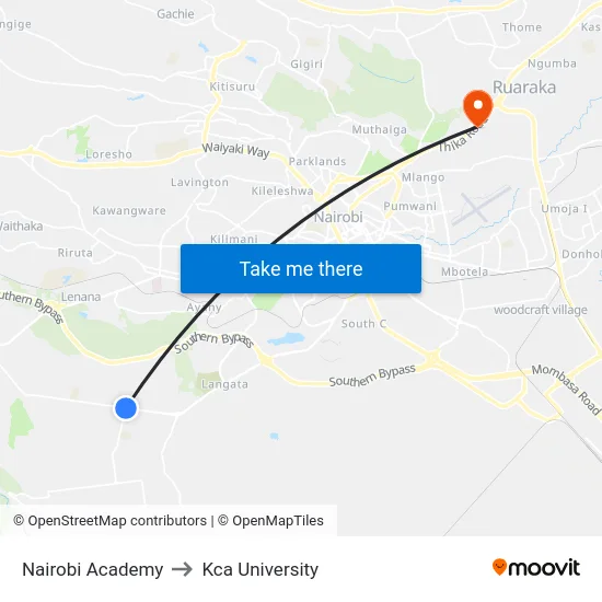 Nairobi Academy to Kca University map
