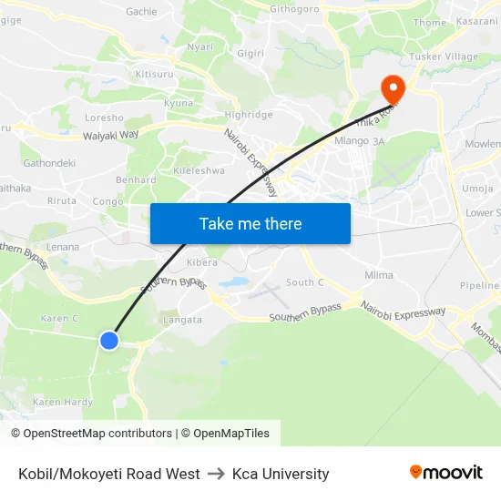 Kobil/Mokoyeti Road West to Kca University map