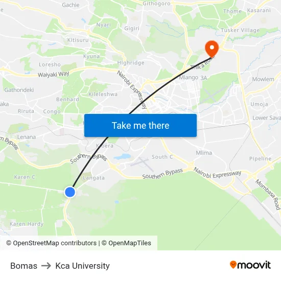 Bomas to Kca University map