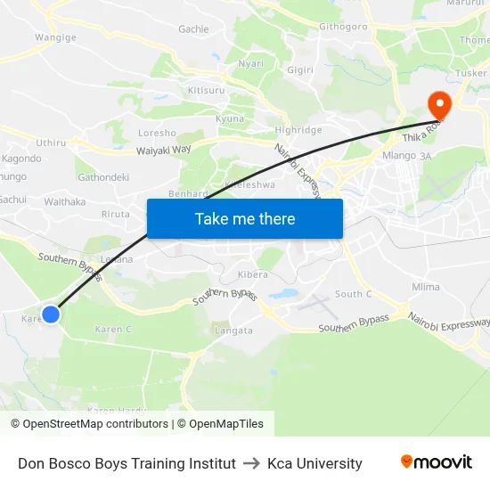 Don Bosco Boys Training Institut to Kca University map