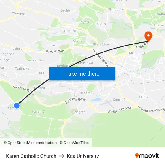 Karen Catholic Church to Kca University map