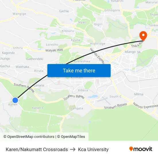 Karen/Nakumatt Crossroads to Kca University map