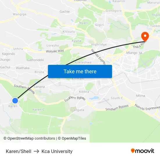 Karen/Shell to Kca University map