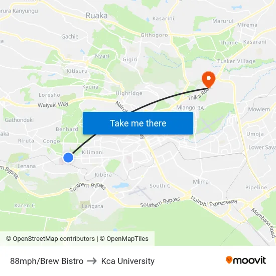 88mph/Brew Bistro to Kca University map