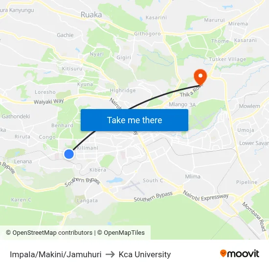 Impala/Makini/Jamuhuri to Kca University map
