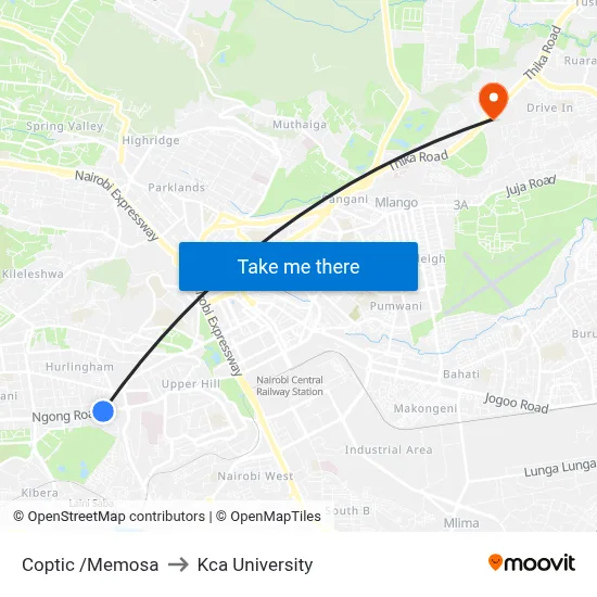 Coptic /Memosa to Kca University map
